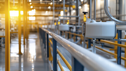 Fototapeta premium Bright and airy industrial facility with pipes and machinery, showcasing modern design and efficiency