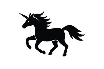 Silhouette vector illustration of a unicorn running icon on a black and white background