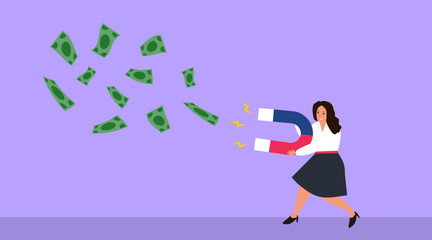 businesswoman using magnet to collect earn attract money business concept vector illustration