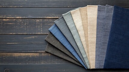 Fabric swatches, wood table, design