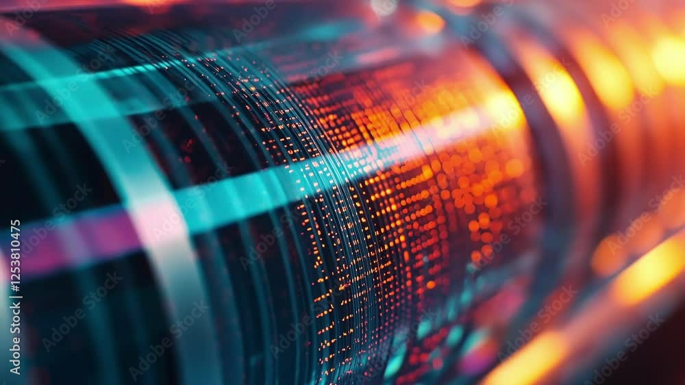 Poster complex data streams flowing and processing through rotating cylinders, illuminated by vibrant neon 