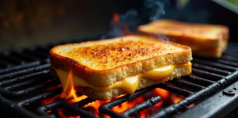 Flaming grill with burnt grilled cheese on the side, cooking, appliances, grilled cheese