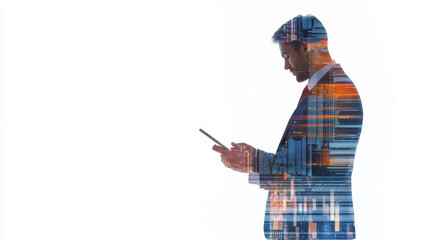 businessman using tablet with digital data overlay, showcasing market analysis and technology