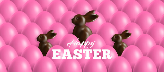 happy easter banner greeting card design with 3d chocolate rabbit figures on pink eggs background vector illustration