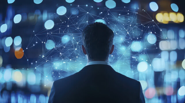 businessman contemplating virtual connections and technology