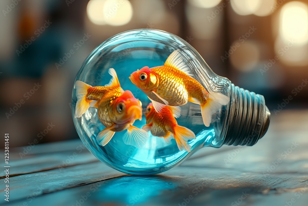 Poster three shimmering goldfish swimming inside a transparent light bulb, creating a whimsical and surreal