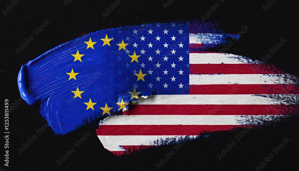 Poster artistic representation of global unity: eu and us flags