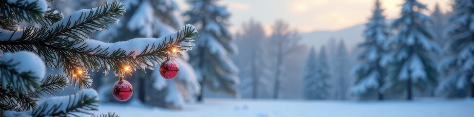Frosty branches and snow-covered Christmas tree against a backdrop of winter trees, winter landscape, forest