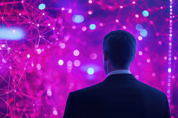 businessman stands in front of vibrant, AI inspired backdrop, contemplating innovation and technology