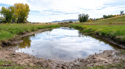 Calm pond reflection in a field under a cloudy sky. Possible use for nature or landscape photography