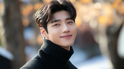 portrait of a handsome Korean young man wearing leisure attire smiling at city street with warm backlight and bustling street view 