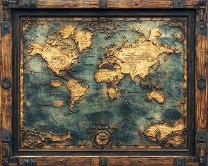 Antique world map in ornate wooden frame.