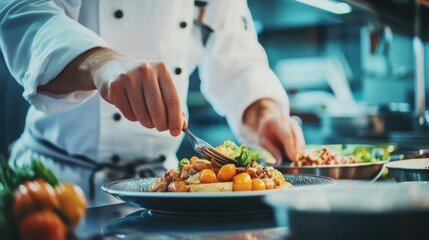 A professional chef preparing a gourmet dish in a high-end restaurant kitchen, with culinary techniques and premium ingredients, Gourmet cuisine scene