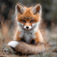 Obraz premium Adorable young fox sitting in a grassy field, surrounded by soft foliage, enjoying a sunny day