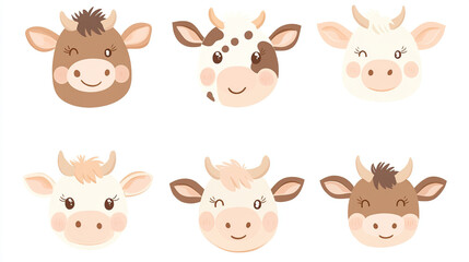 Obraz premium Cute Kawaii Cow Faces in Soft Pastel Colors