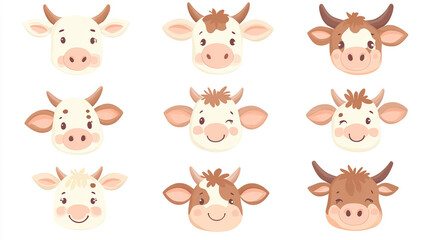 Obraz premium Set of Cute Kawaii Cow Faces in Pastel Browns