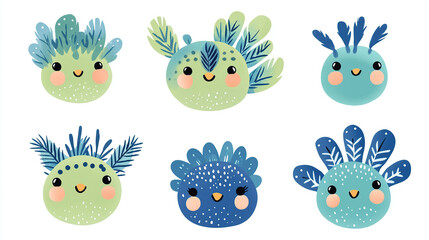 Obraz premium Colorful Kawaii Peacock Faces in Pastel Tones