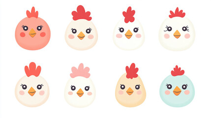 Cute Kawaii Chicken Faces Vector Illustration