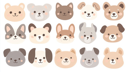 Fototapeta premium Set of Cute Kawaii Dog Faces in Pastel Colors
