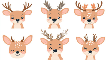 Fototapeta premium Cute Kawaii Deer Faces with Antlers