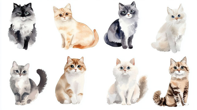 Watercolor Illustration of Various Cat Breeds