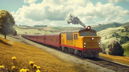 Fototapeta premium A diesel locomotive pulling freight cars through a rural landscape.