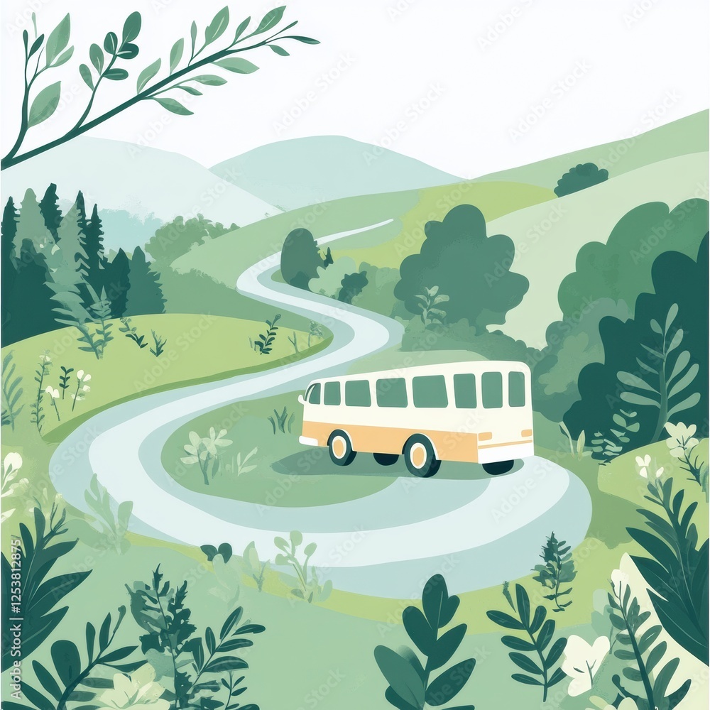 Poster tour bus navigating a winding road through lush greenery in a serene landscape during daytime travel