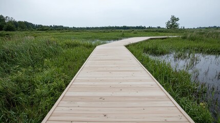 Fototapeta premium Wooden boardwalk through marsh, nature trail, peaceful landscape, scenic view, outdoor recreation, perfect for photography, travel brochure