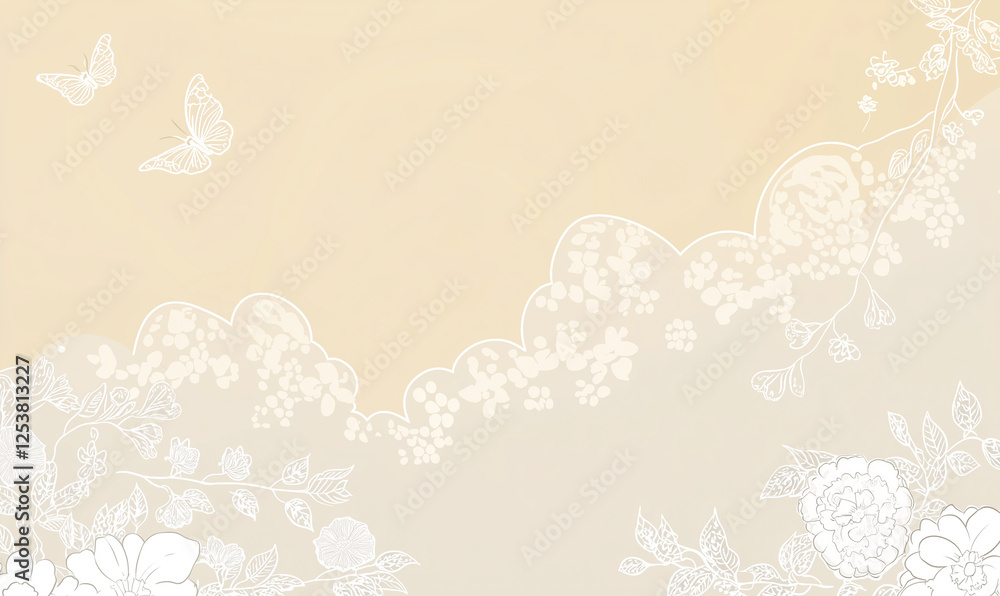 Poster soft pastel background with delicate floral patterns and faint butterflies, creating a serene and ca