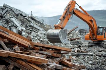 Fototapeta premium Demolition site with heavy machinery, debris, and wooden beams