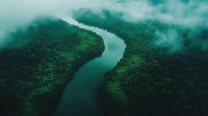 Aerial Perspective of the Amazon River Winding Through Lush Rainforest Canopy
