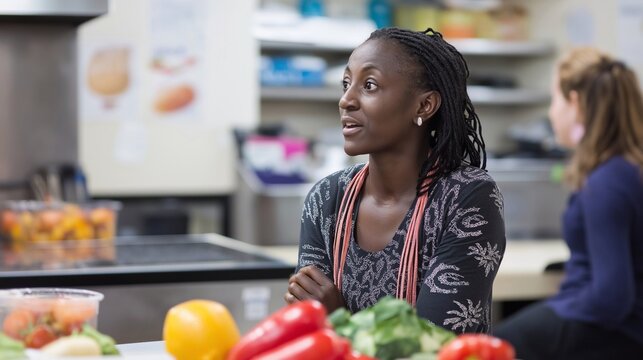 A black woman at an educational workshop on nutrition, cooking class, focusing on health education, lifestyle improvement, and informed food choices, health awareness, decision-making about diet