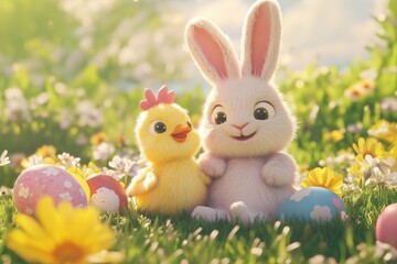 Easter joy: A bunny and a chick resting among Easter eggs in a sunny field
