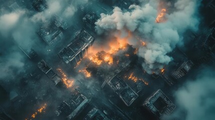 Fototapeta premium Apocalyptic Cityscape Engulfed in Firestorm with Collapsed Buildings and Ash Clouds