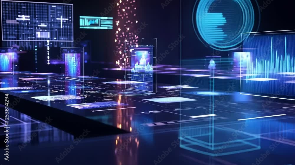 Fototapete Complex digital interface showcasing data visualization with interactive charts, graphs, and code, representing advanced analytics in a futuristic setting