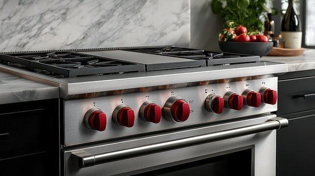 Red knob gas stove in modern kitchen
