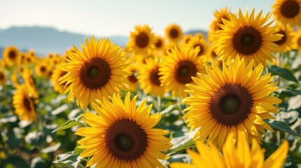 Fototapeta premium Field of bright sunflowers in full bloom, vibrant yellow petals facing the sun, on a sunny summer day.