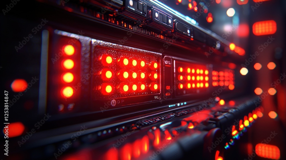 Poster red lights illuminate server rack in data center