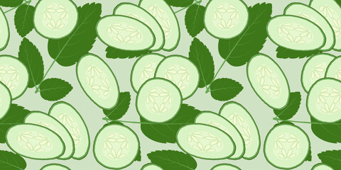 Naklejka premium Pattern with cucumber slices and mint sprigs