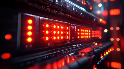 Fototapeta premium Red lights illuminate server rack in data center