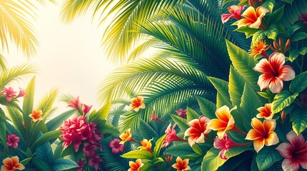 Tropical floral background with vibrant hibiscus flowers and lush green leaves