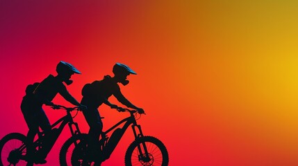 Obraz premium Silhouettes of two mountain bikers against a vibrant sunset backdrop, showcasing the thrill of outdoor adventure and active lifestyle.