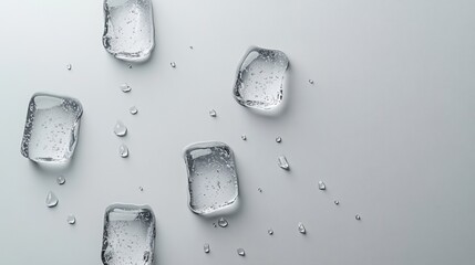 Ice Cubes Melting on a Frosted Surface with Water Droplets and a Shiny Reflection