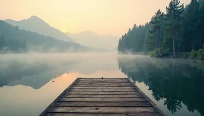misty lake surface, wooden dock, few trees, peaceful atmosphere, serene, serenity, nature