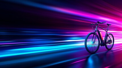A modern bicycle against a vibrant backdrop of colorful light streaks, representing speed and dynamic motion.