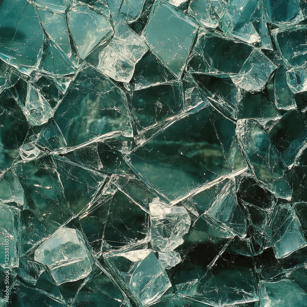 Poster beautiful close-up of shattered glass displaying unique textures and reflections in various shapes a