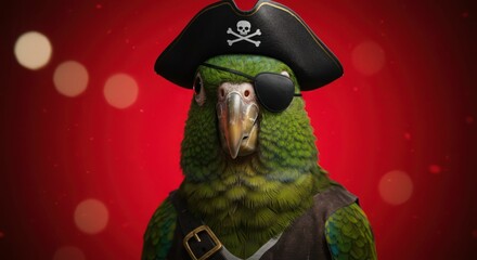 Pirate parrot in costume with eye patch and hat on red bokeh background