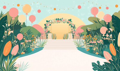 Vibrant summer wedding ceremony garden venue digital illustration lush environment aerial view romantic concept