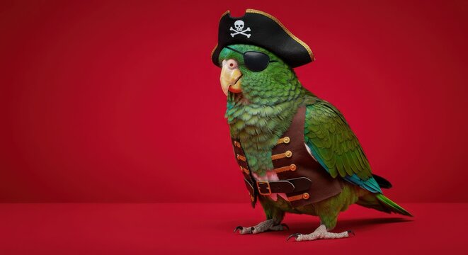 Green parrot dressed as pirate with hat and eye patch on red background