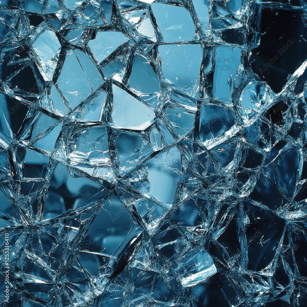 Poster a close-up view of broken glass textures with sharp edges and iridescent reflections captured in hig